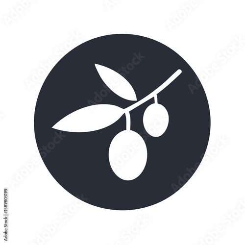 Olive Branch Silhouette on Round Icon, Traditional Mediterranean Element
