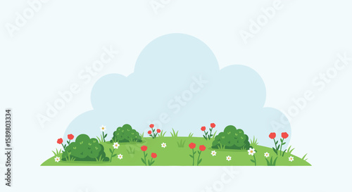 Charming flat illustration of a sunny meadow with blooming flowers and green bushes under a large cloud