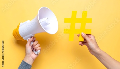 Holding Yellow Hashtag Sign with Megaphone