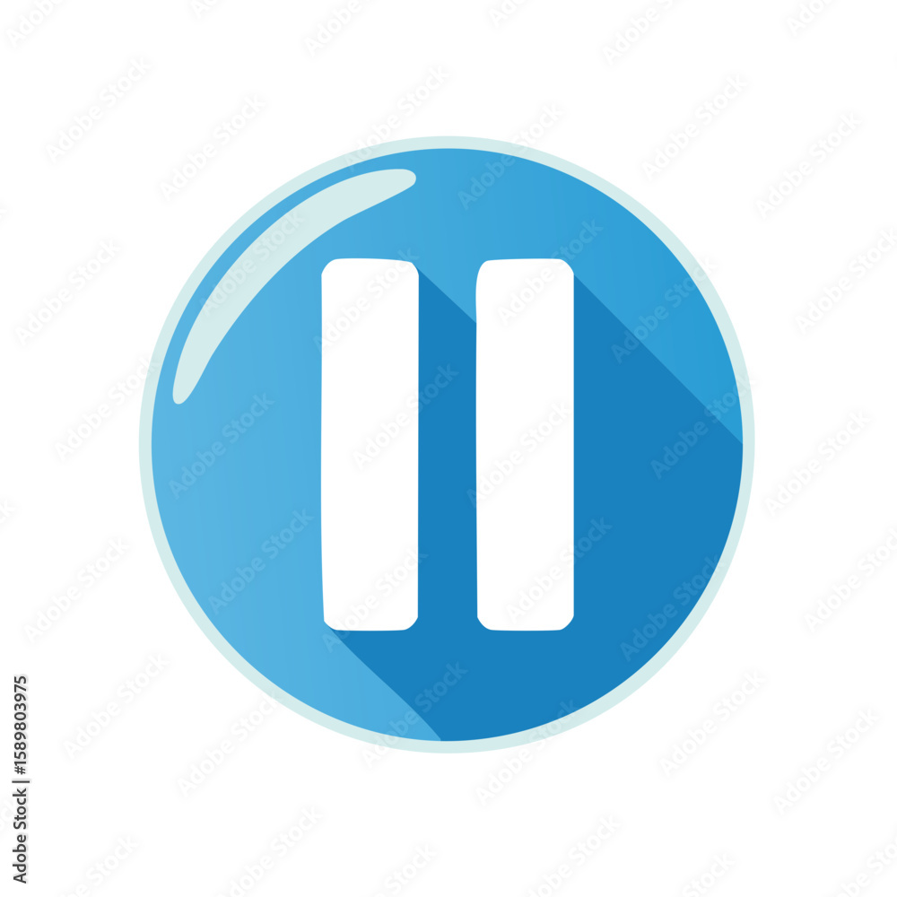 Digital Media Pause Button Icon in Blue with Long Shadow for App Design Digital Media Pause Button Icon in Blue with Long Shadow for App Design