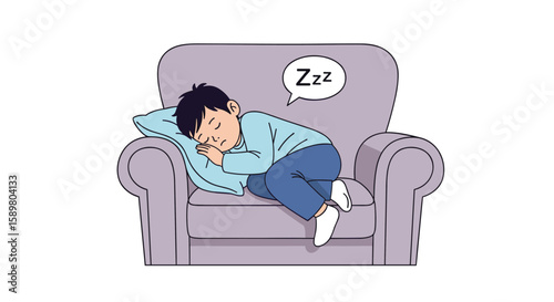 A young boy rests peacefully on a comfortable armchair having a good nap in quiet relaxation