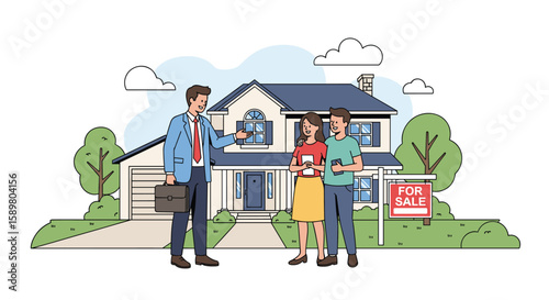 Real estate agent shows modern family dream house with yard and for sale sign