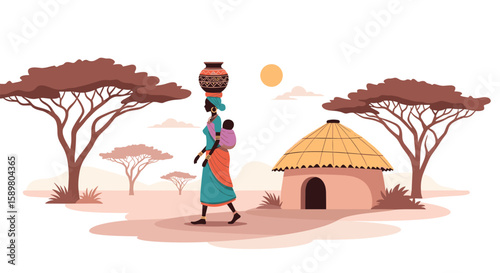 African woman carrying water pot on head with child on back near hut under acacia trees