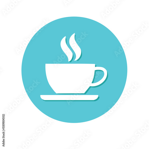 Coffee Cup Icon with Steam on Turquoise Circle Background