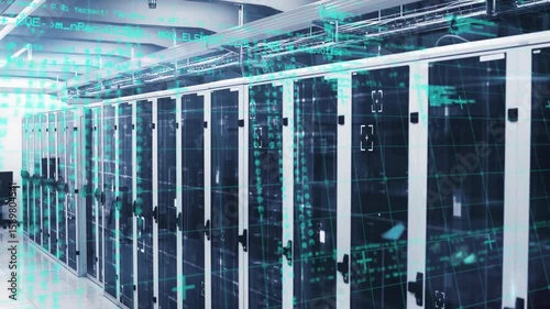 Teal grid overlay emerging across server cabinets causing lateral pan amplifying code flow view