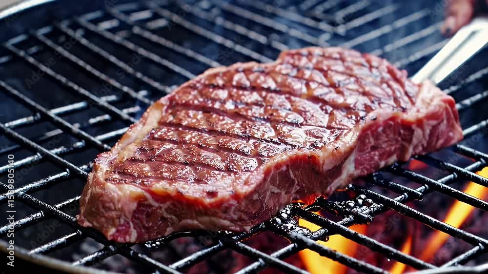 sizzling close up video of a juicy beef steak searing on a hot grill as it cooks to perfection locking in flavors and creating a crispy caramelized crust in mouthwatering detail