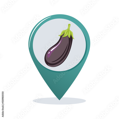 Eggplant inside map pointer denoting the location of food markets, farmers market or vegetable garden