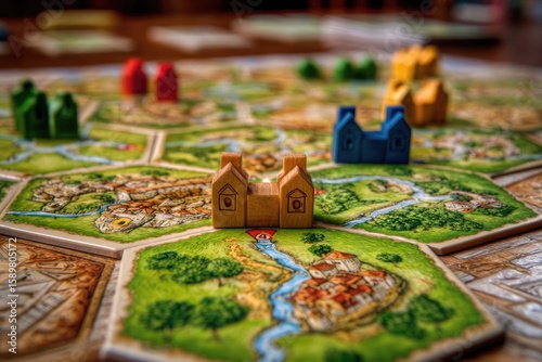 Colorful game board with wooden buildings