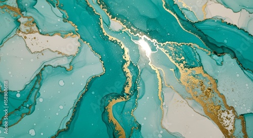 Abstract Teal and Gold Alcohol Ink Art Background