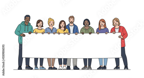 Diverse group of people holding a large blank banner together standing side by side