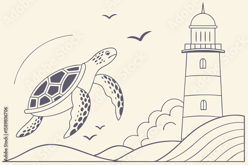 A whimsical illustration of a sea turtle leaping near a lighthouse with stylized waves and flying seagulls, creating a nautical theme.