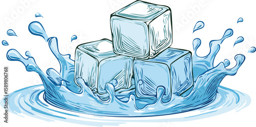 ice cubes in water vector.water, realistic, splash, three-dimensional, transparent, clear, cool, crystal, cube, ice, isolated, blue, drink, texture, background, beverage, cold, fresh, 