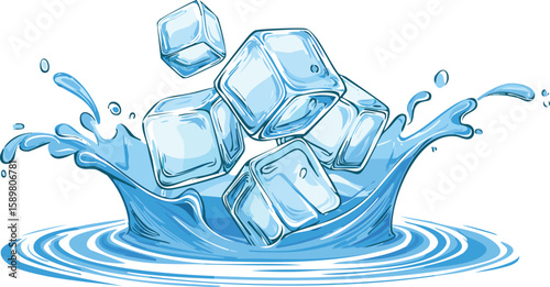 ice cubes in water vector.water, realistic, splash, three-dimensional, transparent, clear, cool, crystal, cube, ice, isolated, blue, drink, texture, background, beverage, cold, fresh, 