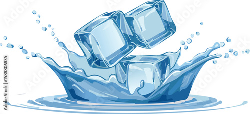 ice cubes in water vector.water, realistic, splash, three-dimensional, transparent, clear, cool, crystal, cube, ice, isolated, blue, drink, texture, background, beverage, cold, fresh, 