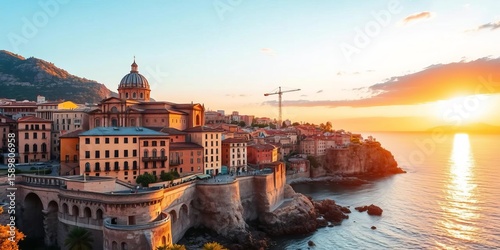 Golden sunrise reflecting on Palermo's ancient buildings and the Mediterranean Sea, yellow, Sicily