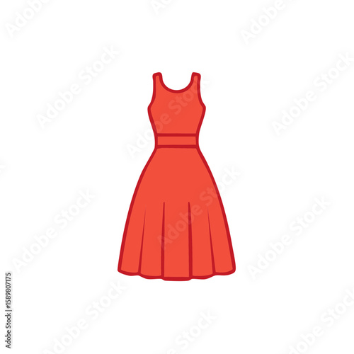 Red Dress Illustration: Sleeveless, Fit and Flare, Belted Waist, Simple Design, Party Dress