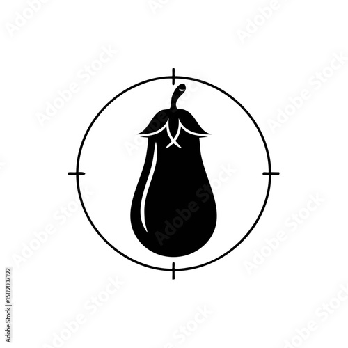 Aubergine Icon Framed in Circle and Crosshairs, Stylized Vegetables, Simple Silhouette
