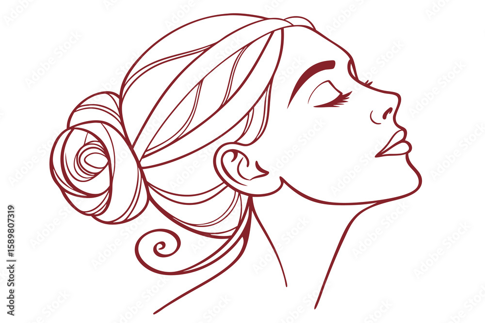 Elegant line art portrait depicting a woman with closed eyes and stylish hair adornment on a clean white background. Elegant line art portrait depicting a woman with closed eyes and stylish hair adornment on a clean white background.