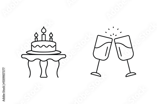 Celebration cake with candles and clinking champagne glasses
