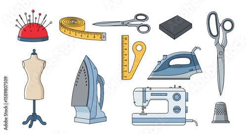 Comprehensive collection of essential sewing tools for fashion design and tailoring crafts