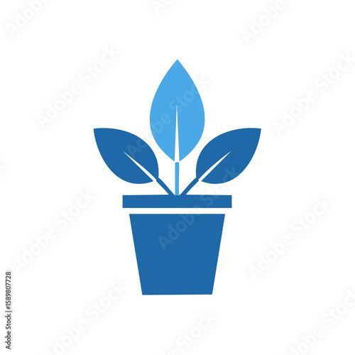 Potted Plant Icon with Three Leaves Simple Blue Graphic for Home Decor Business