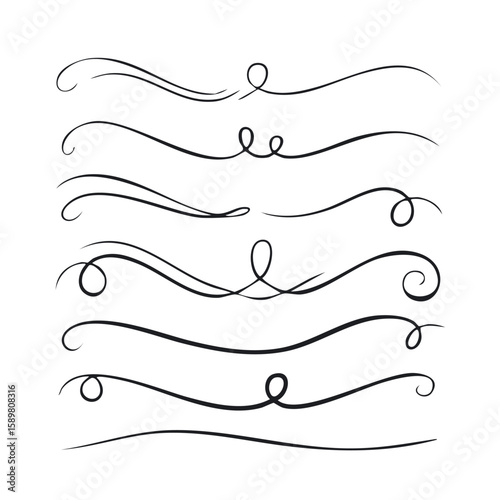 Vector swirl lines. Swash and flourish underlines. Hand drawn swish and swooshes. Calligraphic elegant vintage curved squiggles. Doodle fancy dividers.calligraphy, curve, art, illustration, shape, 