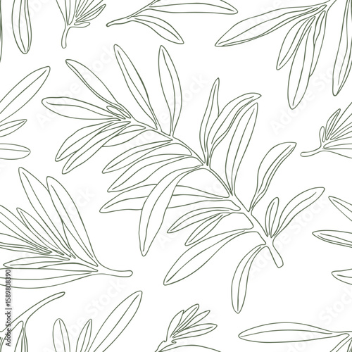 Seamless pattern olive branch vector drawing. Hand drawn floral illustration olives tree branches leaves background green. Drawings foliage. Fabric, wrapping, decor, wedding stationary gift menu