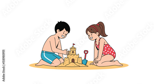 Children creating a beautiful sandcastle together under a bright sunny sky fun activity