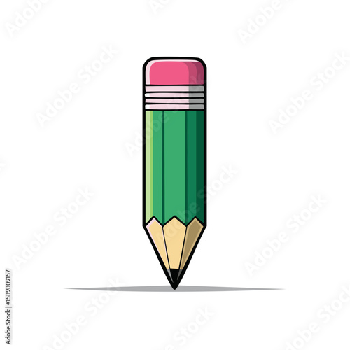 Classic Short Green Pencil with Eraser for Writing and Drawing Illustration Icon