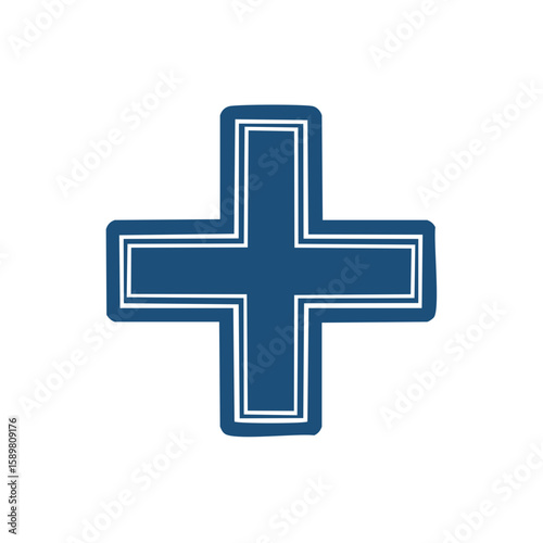 Bold blue cross outlined in white on white, creating a visually striking medical symbol
