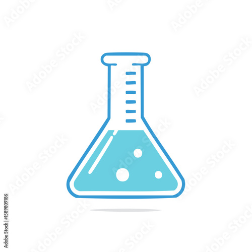 Erlenmeyer flask with blue liquid and bubbles for scientific experiments or laboratory equipment