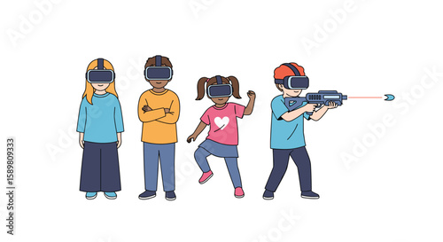 Children enjoying virtual reality experiences together exploring digital worlds with futuristic technology
