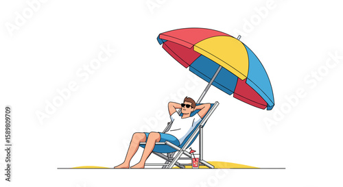 Man enjoying a relaxing vacation under a colorful umbrella on a sandy beach