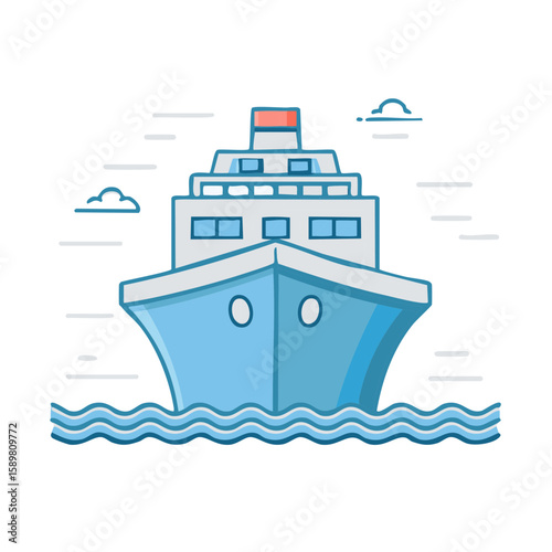 Blue cruise ship on the waves: ocean vacation boat sailing in the sea