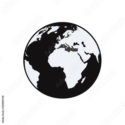Illustrated Earth Globe Showing Continents and Oceans in Monochrome Style