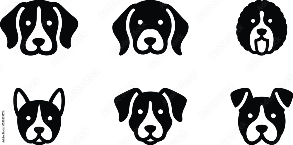 Obraz premium Dog Face Icon Set – Black Vector Silhouettes of Cute Puppy Breeds in Minimal Style