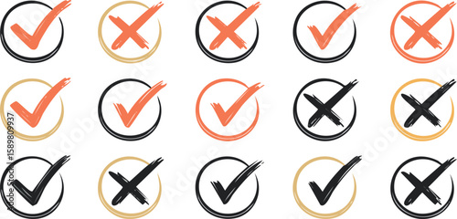 Check tick mark icon set. Cross box x check mark checkbox v list vector draw hand drawn sketch doodle brush marker checklist symbol wrong right circle. Vector.cut out, examining, horizontal, icon set,