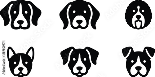 Dog Face Icon Set – Black Vector Silhouettes of Cute Puppy Breeds in Minimal Style
