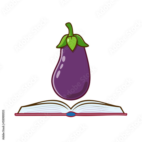 Stylized eggplant sitting above an open book with visible pages and binding, set against a plain backdrop for a unique combination.