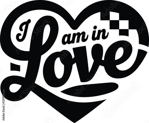 I Am in Love Typography icon – Black Heart Shape Vector with Romantic Lettering.