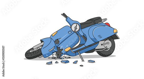 Retro blue scooter fell over damaged mechanical parts scattered on white background