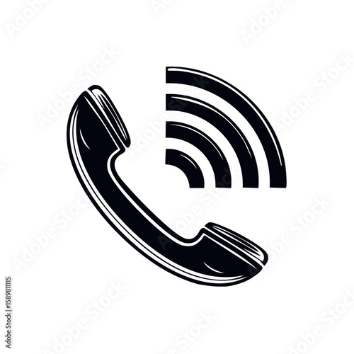 Retro Phone Handset with Radio Wave Illustration Communicating Black and White
