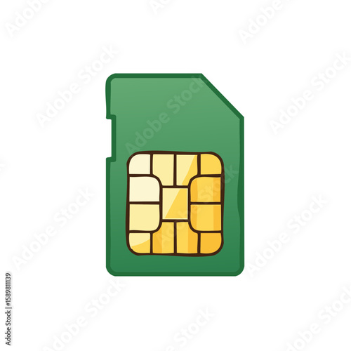 SIM card design: Microchip, connection, and technology component icon in green and yellow.