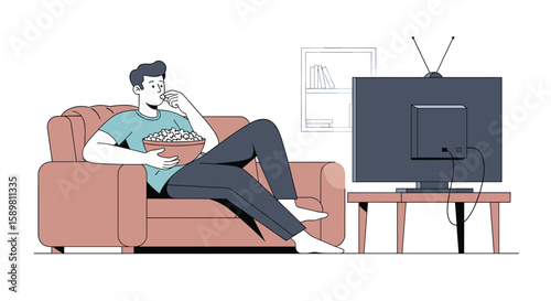 Man relaxes on a couch eating popcorn watching a television with an antenna