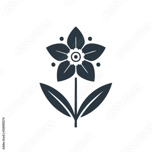 Stylized Floral Illustration Five Petal Flower with Leaves Dark Vector