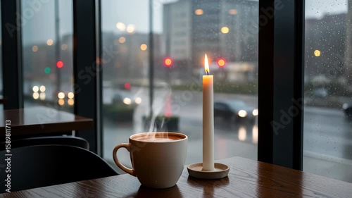Steaming Coffee and Lit Candle by Rainy Window at Night