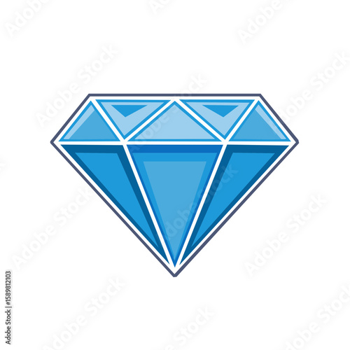 Stylized blue diamond illustration with geometric facets. Jewel or crystal with multiple triangular faces and a contrasting border.