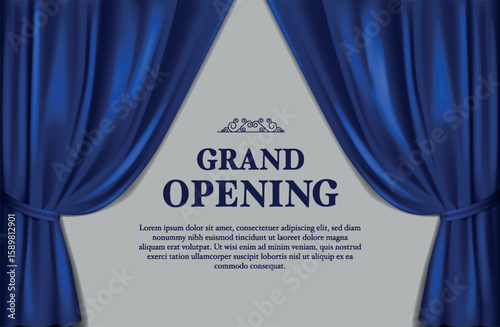 Blue curtain with spotlight. Grand opening announcement witch golden text.