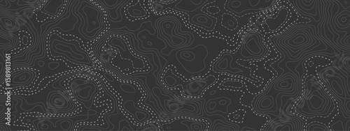  topographic map with contour lines and dotted paths on a dark background creating an abstract pattern modern design element.