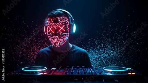 DJ wearing illuminated mask and headphones while mixing music  